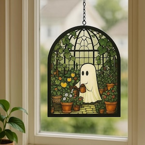 Cute Ghost Greenhouse Suncatcher Ornament | Halloween Ghost Acrylic Window Hanging | Plant Lovers Gift | Halloween Home Decor | Gift for Mom