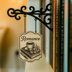 Pode incluir: Uma placa de metal preta com a palavra "Romance" e uma ilustração de uma xícara de café, rosa, caneta e livros. A placa está pendurada em um suporte decorativo com correntes, em frente a uma estante.