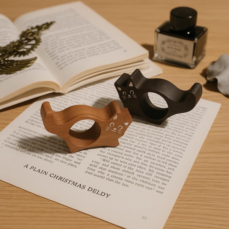 Puede incluir: Dos servilleteros de madera con forma de gato, uno marr&oacute;n claro y otro marr&oacute;n oscuro, con rasgos faciales pintados. Los anillos est&aacute;n en una p&aacute;gina de un libro con el texto "A PLAIN CHRISTMAS DELDY".