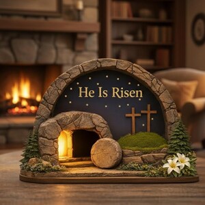 May include: A decorative Easter scene featuring a stone tomb with the words "He Is Risen" above. The scene includes two crosses, a stone entrance, and a stone that has been rolled away. The scene is decorated with small trees and flowers.
