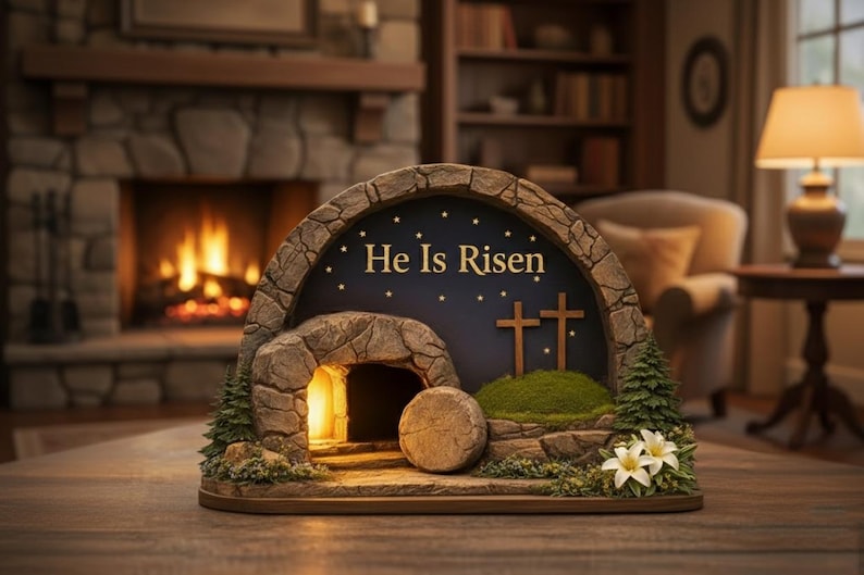 May include: A decorative Easter scene featuring a stone tomb with the words "He Is Risen" above. The scene includes two crosses, a stone entrance, and a stone that has been rolled away. The scene is decorated with small trees and flowers.