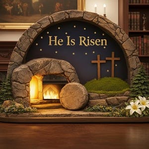 May include: A decorative Easter scene featuring a stone tomb with the text "He Is Risen" on a dark blue background with stars. Two wooden crosses stand on a grassy hill. A stone covers the tomb entrance. Artificial flowers and greenery complete the scene.