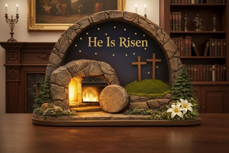 May include: A decorative Easter scene featuring a stone tomb with the text "He Is Risen" on a dark blue background with stars. Two wooden crosses stand on a grassy hill. A stone covers the tomb entrance. Artificial flowers and greenery complete the scene.