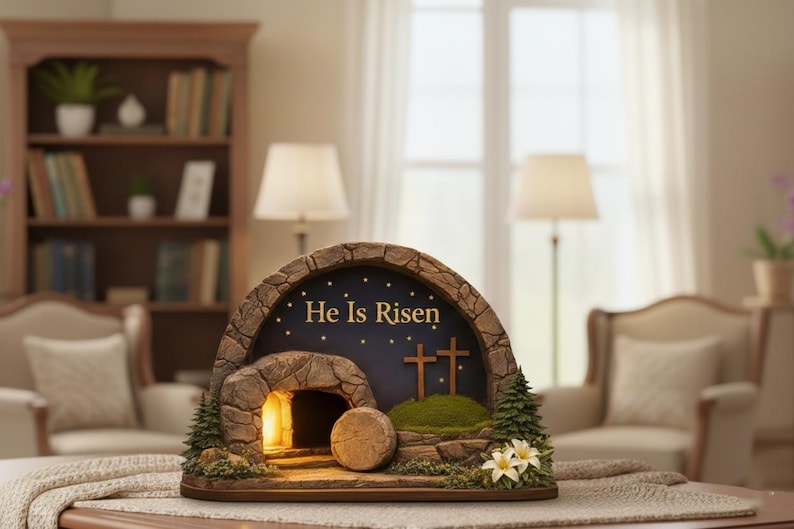 May include: A decorative Easter scene featuring a stone-like tomb with the words "He Is Risen" on a dark blue background. The scene includes two crosses, a stone, and a lit interior, with small trees and flowers.