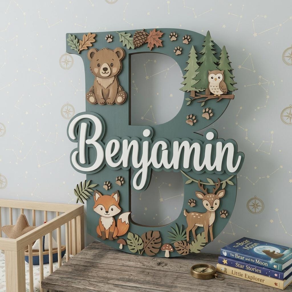 Woodland Animals Nursery Name Sign, Forest Theme Letter Wall Art for