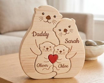 Puzzle in legno personalizzato con famiglia di lontre, ricordo personalizzato con nome a tema animale, regalo per l'anniversario dei neo genitori, decorazione per la cameretta, cartello significativo per la casa