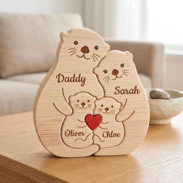 Gepersonaliseerde houten familiepuzzel otter, aangepaste naam dierenaandenken, nieuwe ouder verjaardagscadeau, decor kinderkamer, betekenisvolle bewegwijzering voor thuis