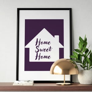 Home Sweet Home paarse muurkunst: woonkamerdecoratie (digitale download)