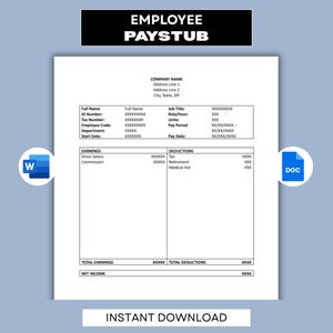 Peut inclure: Un modèle numérique de fiche de paie avec un en-tête noir portant le texte EMPLOYEE PAYSTUB. Le document comprend des champs pour les détails de l'entreprise, les informations sur l'employé, les gains, les déductions et le revenu net.