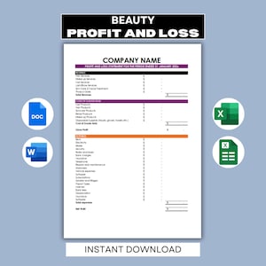 May include: A digital document titled "BEAUTY PROFIT AND LOSS" with a company name and financial data. The document includes sections for revenue, cost of goods sold, and expenses. Icons for DOC, W, and X files are visible.