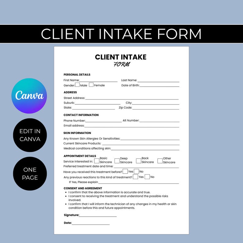 Editable Esthetician Client Intake Form, Canva Template (instant ...