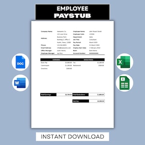 Peut inclure: Un modèle de fiche de paie pour employé blanc avec le titre "EMPLOYEE PAYSTUB" dans une bannière noire. Le document comprend des sections pour les informations sur l'entreprise et l'employé, les gains et les déductions. Le texte "INSTANT DOWNLOAD" est en bas.