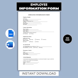 Peut inclure: Document de formulaire d'informations sur les employés, avec des champs pour les détails de l'employé, les coordonnées, le statut d'emploi et les informations fiscales. Comprend un graphique 'Une page' et le texte 'Téléchargement instantané'.