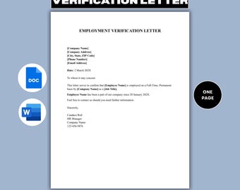 Employment Verification Letter, Proof of Employment Letter, Job Verification Letter, Instant Download
