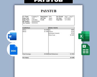 Paystub Template, Editable Employee Paycheck Stub, Simple Salary Slip Template, Payslip, Pay Stub, Digital Download