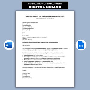 Può includere: Un modello digitale per una lettera di consenso del datore di lavoro e di verifica del lavoro da remoto per nomadi digitali. Il documento include segnaposto per i dettagli aziendali e le informazioni sul dipendente, affiancato da icone blu Word e Doc.