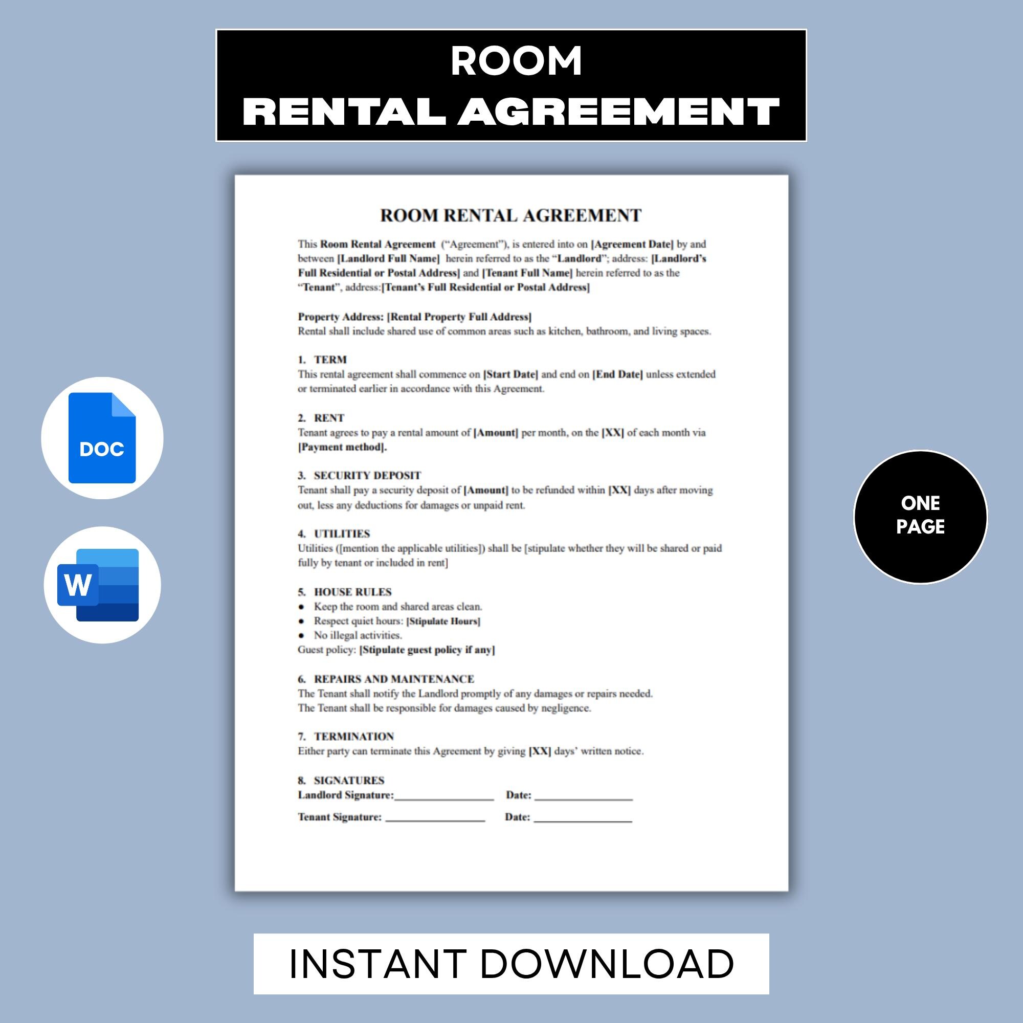 Editable Room Rental Agreement (one Page): Google Docs & Microsoft Word ...