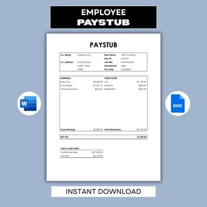 Modèle Word de talon de paie, fiche de paie Google Docs, bulletin de salaire, avis de paie, relevé de revenus, talon de chèque de paie, téléchargement numérique