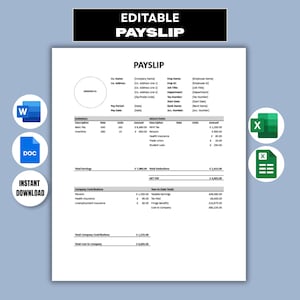 Puede incluir: Una plantilla de nómina editable que incluye secciones para detalles de la empresa, información del empleado, ganancias, deducciones y totales anuales. El documento incluye iconos de archivos Word y Excel, con el texto "EDITABLE PAYSLIP" arriba.
