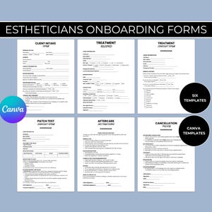 Puede incluir: Un conjunto de seis formularios de incorporación para esteticistas, que incluyen la admisión de clientes, el registro de tratamientos y los formularios de consentimiento. Los formularios son en blanco y negro, con texto y campos de información. El logotipo de Canva es visible.