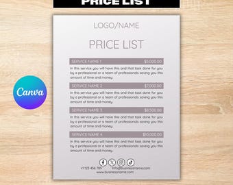 Plantilla de lista de precios, lista de precios de Canva, menú de precios moderno, guía de precios profesional, plantilla de lista de precios editable