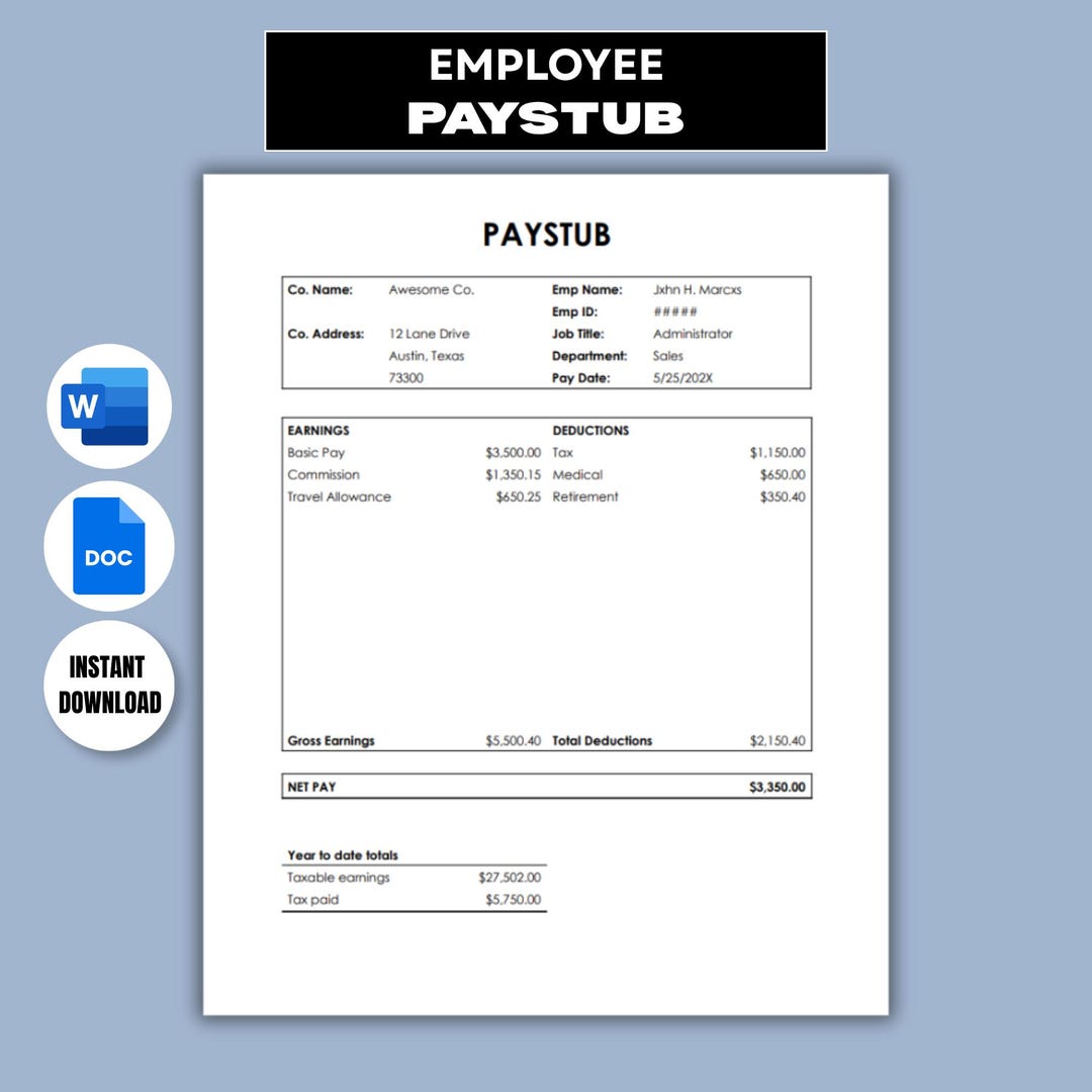 Paystub Template Word, Payslip Google Docs, Salary Slip, Pay Advice