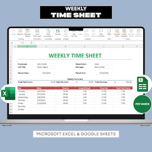 May include: A digital weekly time sheet template displayed on a laptop screen, featuring fields for employee details, job title, department, manager, and a table for daily hours, breaks, and earnings, compatible with Microsoft Excel and Google Sheets.