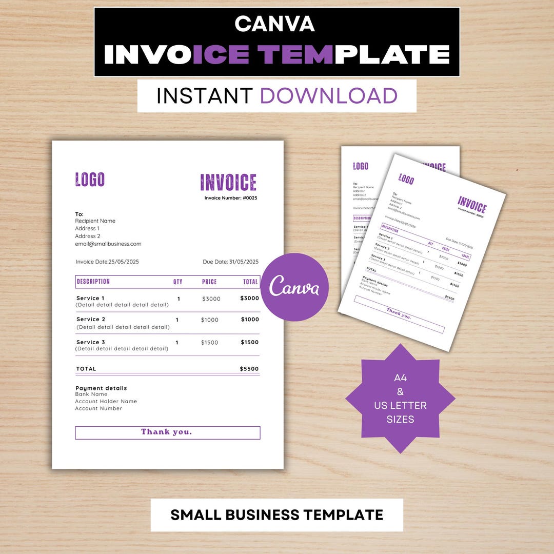Editable Invoice Template Canva | Small Business Billing Invoice ...