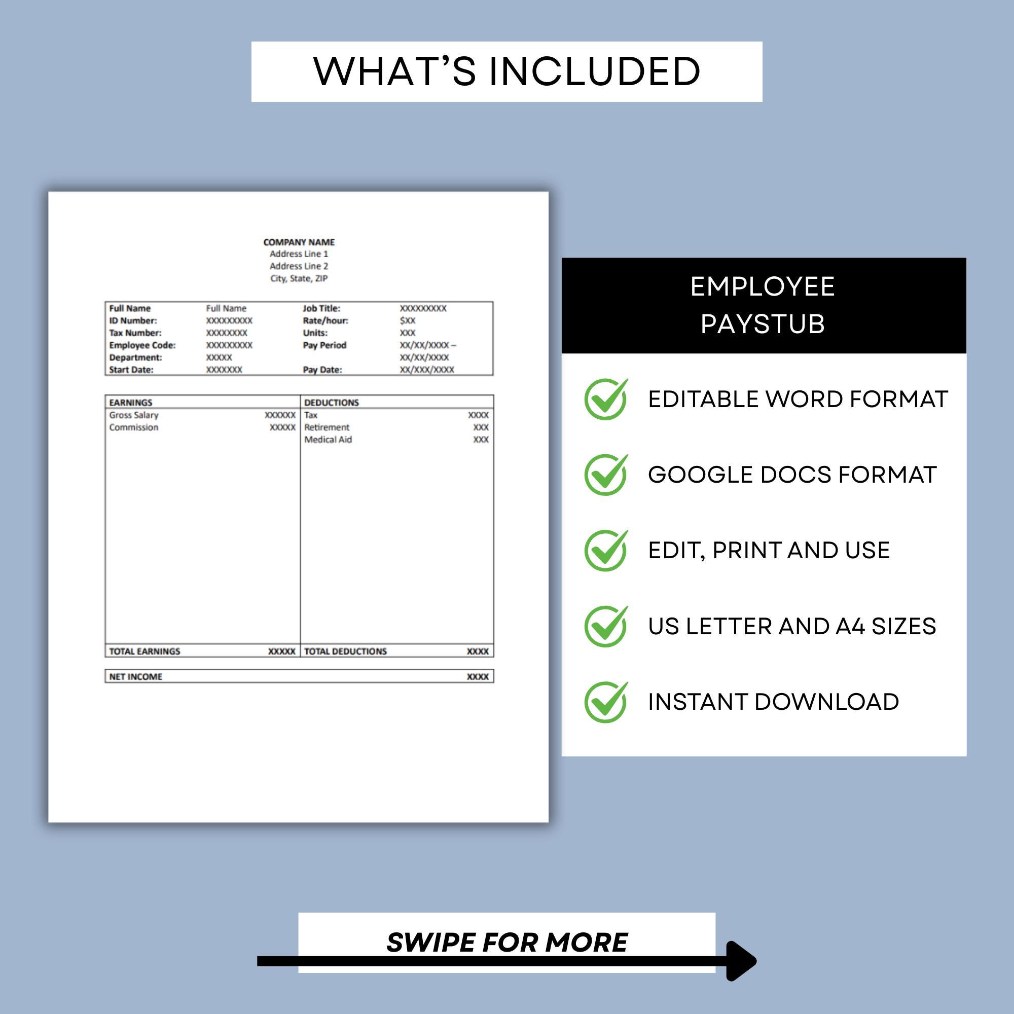 Editable Paystub Template, Word and Google Docs, Salary Slip Template ...
