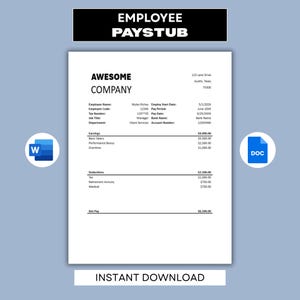 Peut inclure: Un modèle de fiche de paie pour employé blanc avec le texte "EMPLOYEE PAYSTUB" en haut. Le document comprend des sections pour les gains, les déductions et le salaire net. Les mots "AWESOME COMPANY" sont en haut. Téléchargement instantané.