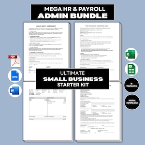 May include: A digital bundle of business documents including an Employment Agreement, Non-Disclosure Agreement, and payroll forms. The set features 16 templates in PDF, DOC, and Excel formats, labeled as a Mega HR & Payroll Admin Bundle and Ultimate Small Business Starter Kit for digital download.