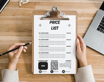 Plantilla de lista de precios profesional, diseño para Canva (descarga instantánea)