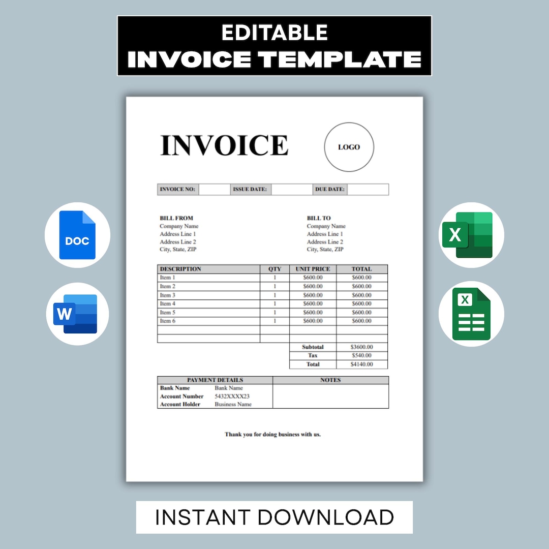 Invoice Template Word Excel Google Docs Google Sheets, Professional ...