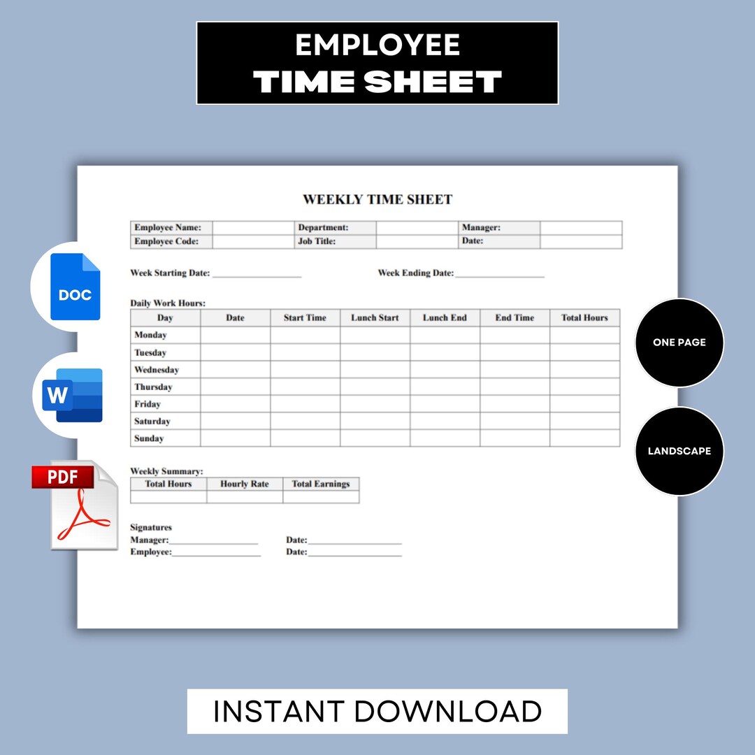 Printable Time Sheet, Employee Time Sheet Log, Google Docs Word PDF ...