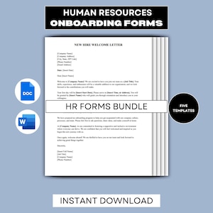 Puede incluir: Un documento blanco con el texto "HR FORMS BUNDLE" y "NEW HIRE WELCOME LETTER". La imagen también incluye un icono DOC azul, un icono W azul y las palabras "INSTANT DOWNLOAD". El documento es para la incorporación de recursos humanos.