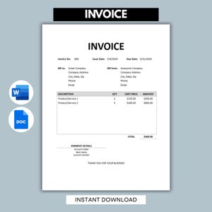 May include: A white digital invoice template featuring black text with fields for invoice number 26, dates, company information, product descriptions, quantities, unit prices, and a total of $900.00. Includes payment details and the text THANK YOU FOR YOUR BUSINESS.