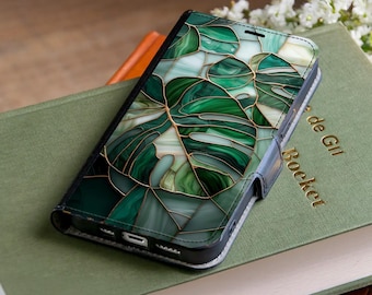 Monstera Blatt Glasmalerei Print Portemonnaie Handyhülle für iPhone 17 Pro Max 16e 15 14 12, Samsung Galaxy S26 S25 S24 S23 S22 S21 A55 A56 A36
