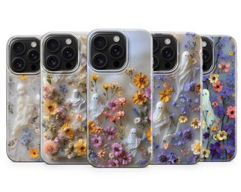 Ghost in Flowers Phone Case for iPhone 17 Pro Max 16e 15 14 13 Samsung S26 Plus S25 Ultra S24 FE A55 A56 A35 A15 Pixel 10a 10 XL 9a 8a 7