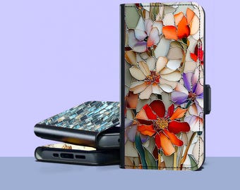 Capa carteira para celular com estampa de flores em vitral para iPhone 17 Pro Max 16e 15 14 12 11 e Samsung Galaxy S26 S25 Ultra S24 S23 S22 A55 A56 A36
