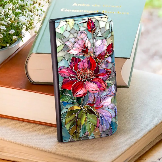 Hibiscus Stained Glass Print Wallet Phone Case for iPhone 18 Pro 17 16 15 14 Samsung Galaxy S26 FE S26 S25 Ultra S24 S23 S22 S21 A55 A56 A36