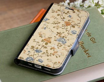 Capa carteira floral vintage elegante para iPhone 17 Pro Max 16e 15 14, Samsung Galaxy S26 S25 Ultra S24 S23 Plus S22 S21 A55 A56 A36 A17
