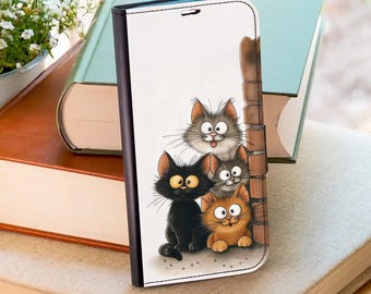 Étui portefeuille pour téléphone portable avec motif chats rigolos, compatible avec iPhone 18 Pro Max, 17, 16e, 15, 14, 12, Samsung Galaxy S26 FE, S26, S25 Ultra, S24, S23, S22, S21, A55, A56 et A36.