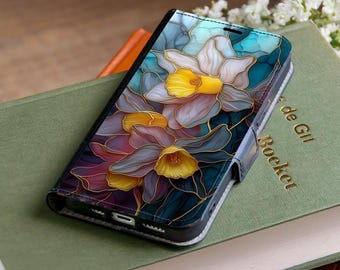 Stained Glass Narcissus Print Wallet Phone Case for iPhone 17 Pro Max 16e 15 14 12 Samsung Galaxy S26 S25 Ultra S24 S23 S22 S21 A55 A56 A36