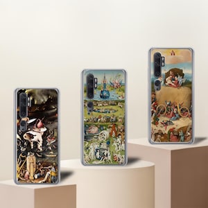 May include: Three clear smartphone cases featuring detailed, colorful reproductions of Hieronymus Bosch paintings. Each case displays a distinct section of the artwork, including complex scenes with numerous figures, surreal creatures, and architectural elements.