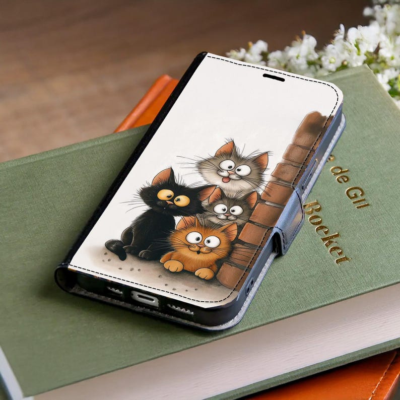 Capa carteira com estampa de gatos engraçados para iPhone 17 Pro Max 16e 15 14 12 Samsung Galaxy S26 S25 Ultra S24 S23 S22 S21 A55 A56 A36 imagem 4