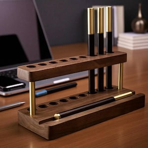Walnut Wood Desk Organizer: Pen Holder, Phone Stand & Office Storage