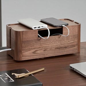 Solid walnut cable organizer box - desktop wire storage holder - tv box shelf - elegant home office cord management