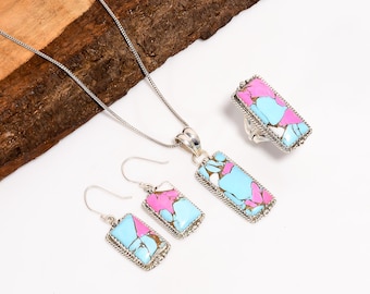 Cotton Candy Turquoise Sterling Silver Jewelry Set, Vintage Ring, Earrings, Pendant