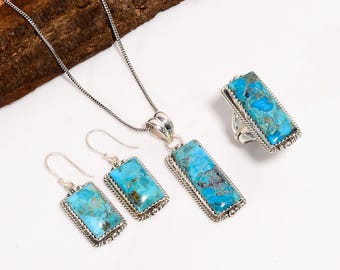 Kingman Turquoise Sterling Silver Ring Earring Pendant Set, Handmade Southwestern Jewelry Gift for Love