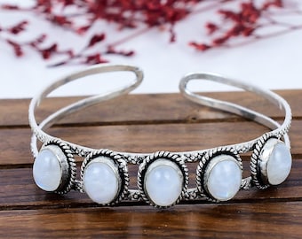 Regenbogen Mondstein Manschette Armband - Vintage Style 925 Silber Offener Armreif Schmuck